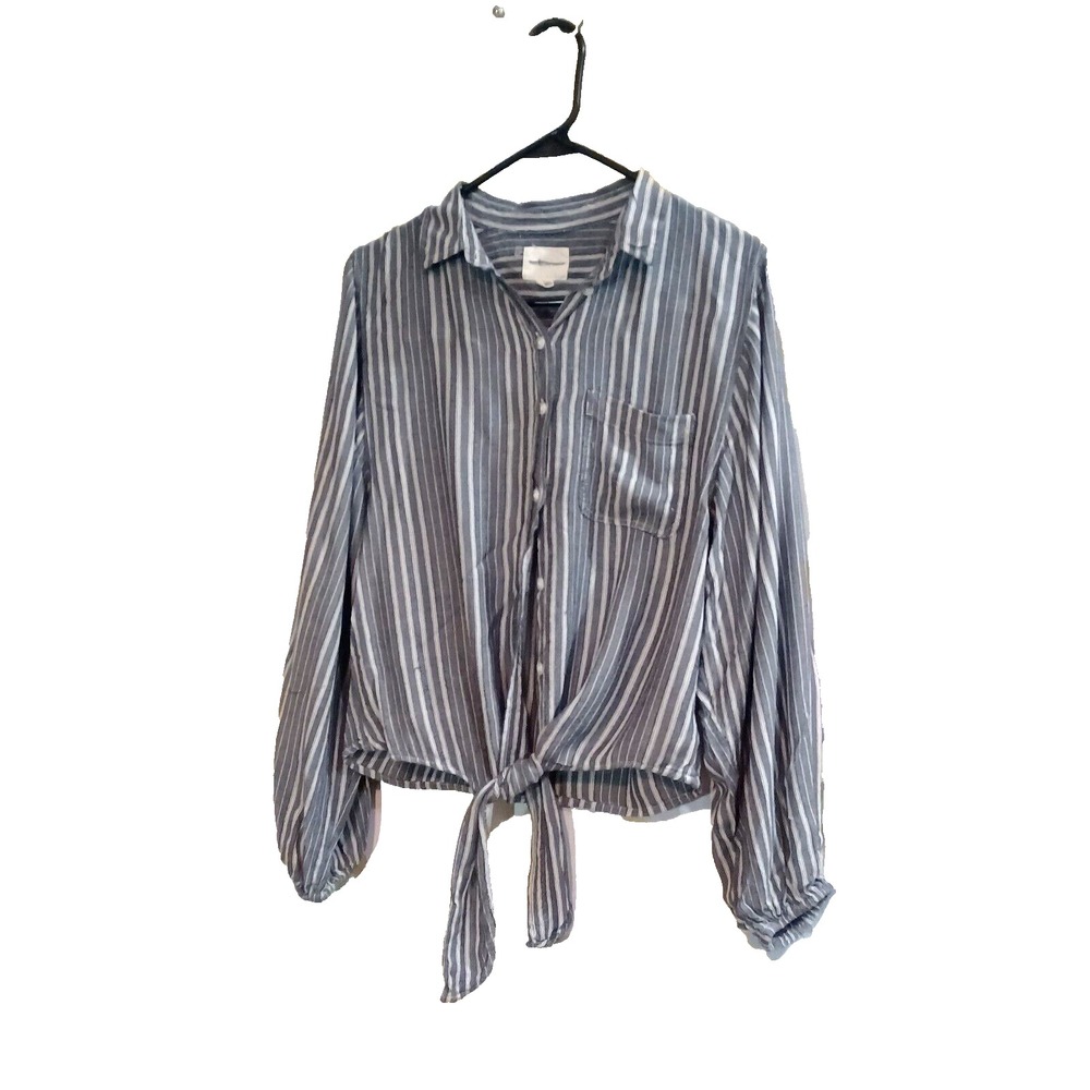 American Eagle Button Down Blouse Women's Small Blue Stripe Tie Waist Boho GUC
